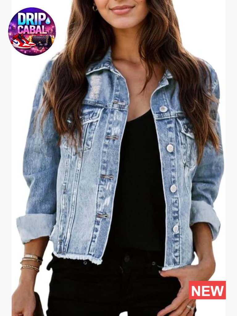 Denim Jacket Distressed Frayed Ripped Casual Button Down Lightweight With
